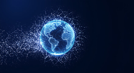 Glowing blue digital earth with connected nodes and particles