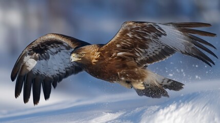 Powerful eagle soaring over a snowy landscape, showcasing its wingspan and natural hunting instincts in winter
