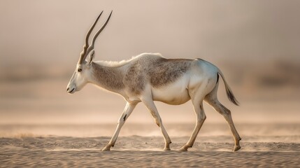 Arabian Oryx walks gracefully across the sandy desert landscape during early morning light