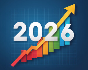 
Business chart with arrow rising toward "2026" milestone.