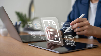 Person using stylus on tablet with digital document overlay