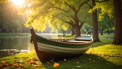 Serene Wooden Boat Resting by a Tranquil Lake Amidst Autumn Foliage and Golden Sunlight.