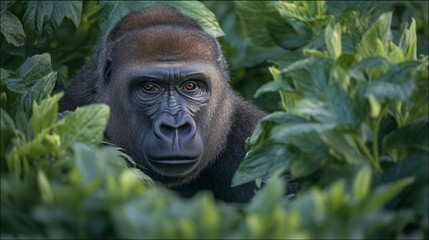Gorilla observing quietly in lush green foliage during the early morning hours in a natural habitat