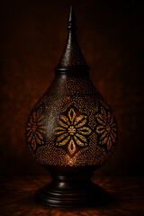 Ornate metal lamp with floral pattern emitting a warm glow in the darkness