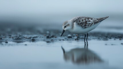 Shorebird forages along a wet beach during early morning light with soft fog in the background