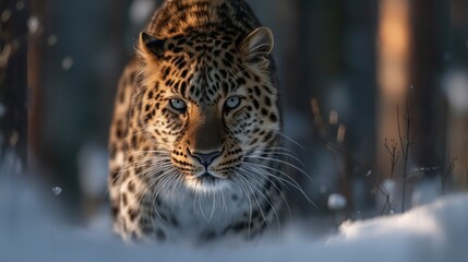 Leopard quietly stalking through the snowy forest under soft evening light