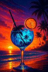 A tropical cocktail with palm trees and a sunset on a beautiful beach