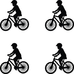 Children riding bicycles in silhouette vector illustration. 