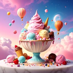 Whimsical ice cream sundae with floating hot air balloons in a pastel dream
