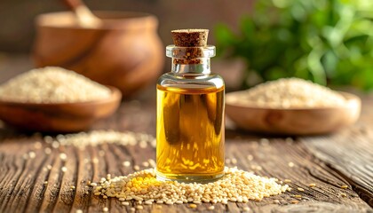 Sesame Oil Bottle with Seeds on Wood.