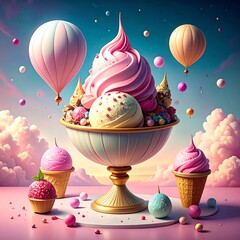 Whimsical ice cream sundae in a magical sky