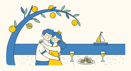 Naklejka premium An illustration of a loving couple embracing by the sea under an orange tree, with a sailboat and a romantic meal.