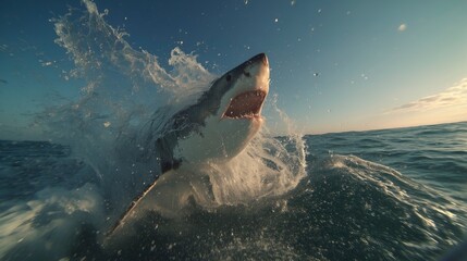 Great white shark breaches the surface at sunset, showcasing its powerful presence in the ocean