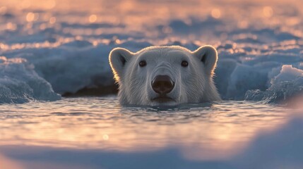 Polar bear swimming in icy waters during sunset with beautiful reflections in the Arctic