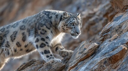 Snow leopard climbs rocky terrain in the mountains during daylight hours