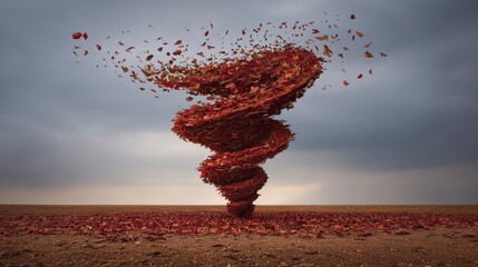 Colorful whirlwind of autumn leaves spins against a cloudy sky on a calm day in a rural landscape