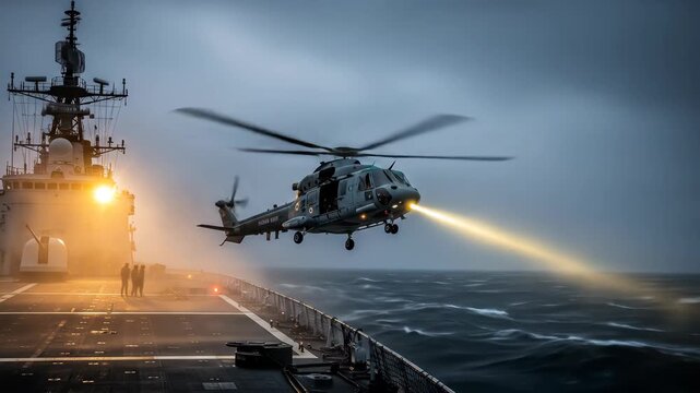 Indian Navy Helicopter Approach on Naval Ship Deck with Strategic Lighting for Maritime Operations