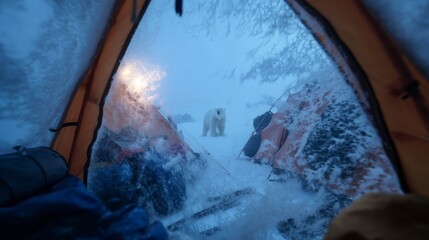 Polar bear approaches campsite during winter storm in the Arctic wilderness at dawn