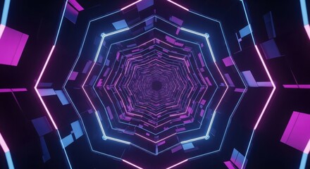 Abstract geometric purple and blue neon tunnel with kaleidoscopic effects and floating cubes for futuristic ambiance