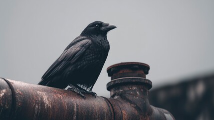 Dark raven perched on an old pipe against a gray sky in a serene urban setting