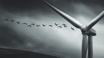 Wind turbine stands against a moody sky as birds fly in formation near the countryside