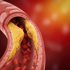 Artery with plaque and red blood cell. High cholesterol in bloodstream leads to vascular disease and medical condition concept for infographic.