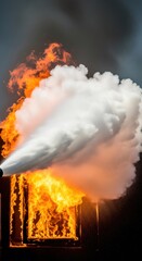 Firefighter water stream extinguishing a fierce building fire. Emergency response and fire safety concept for crisis management and protection.