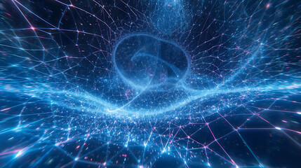 Immerse yourself in a vibrant, futuristic digital network pulsating with glowing blue energy and interconnected nodes