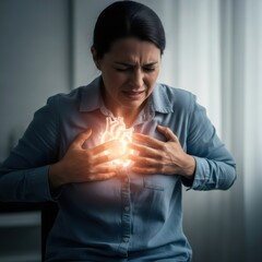 Woman having a heart attack. Concept of pain, suffering, cardiology problem, and symptom of heart disease. Medical emergency.
