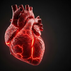 Red human heart with glowing cracks and veins. Medical illustration for cardiology, health issue, or emotional concept.