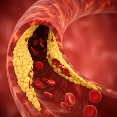 Cholesterol plaque buildup narrowing artery, a medical visualization of atherosclerosis with red blood cell movement. Heart disease concept.