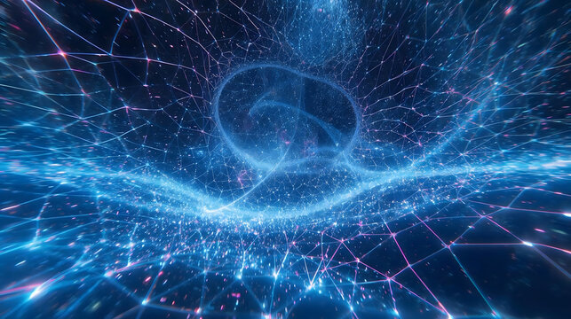 Immerse yourself in a vibrant, futuristic digital network pulsating with glowing blue energy and interconnected nodes