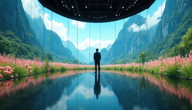 Man stands in modern room with floor to ceiling screens displaying a lush mountain landscape and pink flowers. He looks out at the scenic nature simulation inside the immersive gallery.