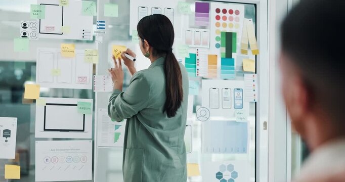 Business, woman and sticky note on glass in office of ux design, ui layout and interface planning. Person, meeting and writing ideas for wireframe, user experience and review template for software