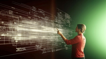 Man interacting with virtual digital data interface projected in air, visualizing futuristic UI technology. Abstract background with copy space evokes innovation and control.