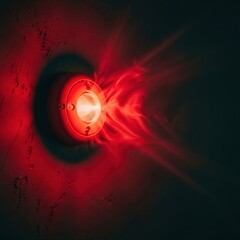 Round red light illuminates a textured wall in a dark environment. Glowing signal for emergency, warning, or security light concept.