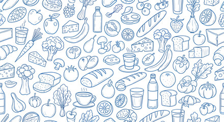 Food pattern: hand-drawn doodle style illustration of various foods.