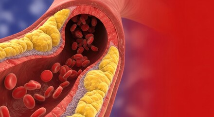 Clogged artery with cholesterol and red blood cell. High cholesterol causing blockage in blood vessel. Cardiovascular disease concept for health and medical illustration.