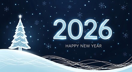 Glowing 2026 new year s eve celebration with a frosted christmas tree and falling snow