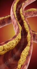 Cholesterol and plaque buildup in an artery. Concept art for medical education and research showing atherosclerosis leading to blockage in blood vessel.
