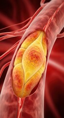 Fat cells squeezing into blood vessel causing obstruction, representing clogged artery. Health concept illustration of cholesterol plaque in human circulatory system.