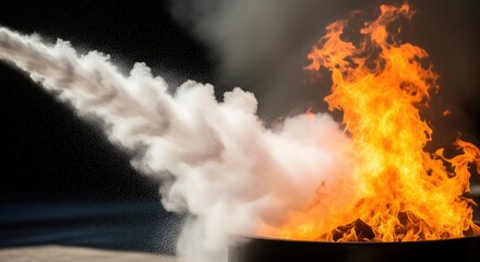 Fire extinguished using water stream. Spraying water on a burning fire. Emergency response and fire safety concept. Danger control.