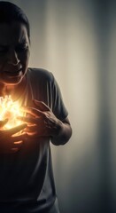 Woman experiencing chest pain with a glowing heart. Medical concept of heart attack, cardiac issues, or emotional distress. Health problem.