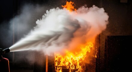 Fire extinguisher spraying white chemical over bright orange flames, fire fighting concept and safety training demonstration.