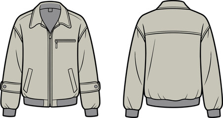 Light gray bomber jacket front and back view, fashion flat template, apparel technical drawing, casual outerwear design, clothing vector illustration, zipper style
