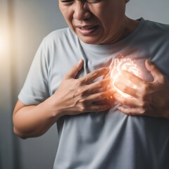 Woman gripping chest with glowing digital heart. Pain in chest concept for medical advertising and health awareness. Cardiac illness.