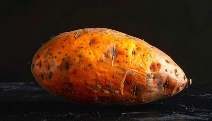 Single organic sweet potato on a dark background.