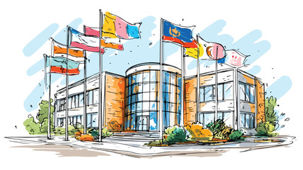 Language School Building with Educational Flags and Vibrant Architecture