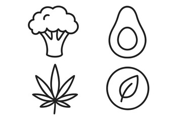 Vegan food and medical cannabis icon set. Vector line art. Broccoli, avocado, marijuana, hemp. Healthy diet, organic, natural, cbd, plant based, vegetarian, eco concepts.