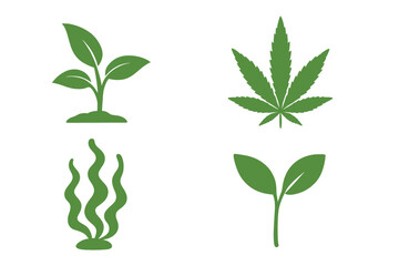 Green plant icons set. Cannabis leaf silhouette, seedling, sprout, algae symbol. Vector collection for nature, growth, ecology, organic concepts. Marijuana, hemp, CBD logo.